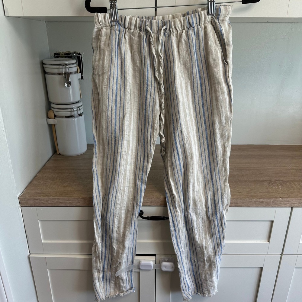 Anthropologie DREW Womens Pants Linen Blend XS Tan‎ Blue Raw Hem Pockets Coastal